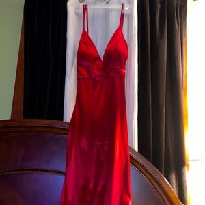 Red, satin mermaid style prom dress